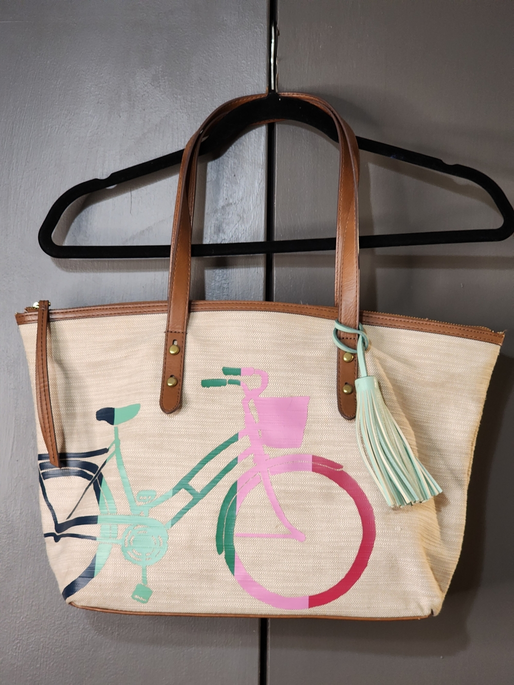 Fossil Canvas Tote with Pink & Mint Bicycle Print